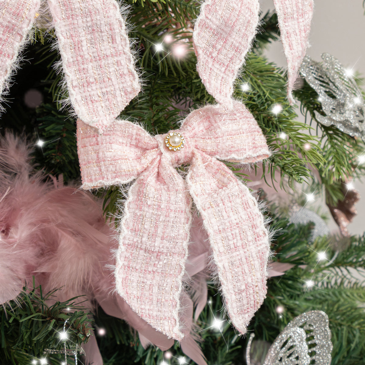 Set of 4 Pink Tartan Boucle Jewelled Christmas Bow Decorations