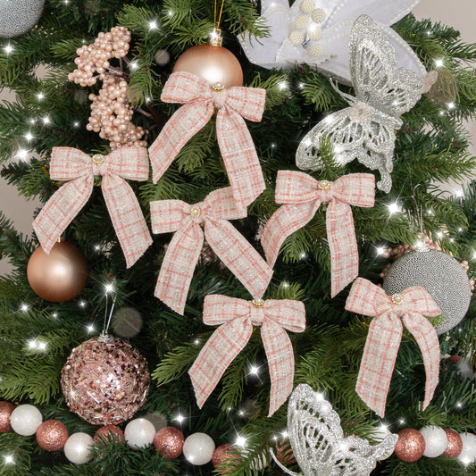  Set of 6 Small Pink Tartan Boucle Jewelled Christmas Bow Decorations 