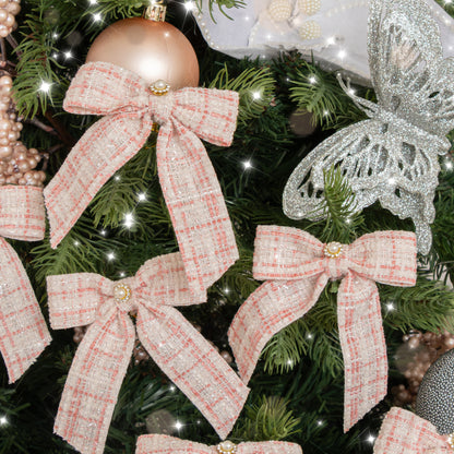Set of 6 Small Pink Tartan Boucle Jewelled Christmas Bow Decorations