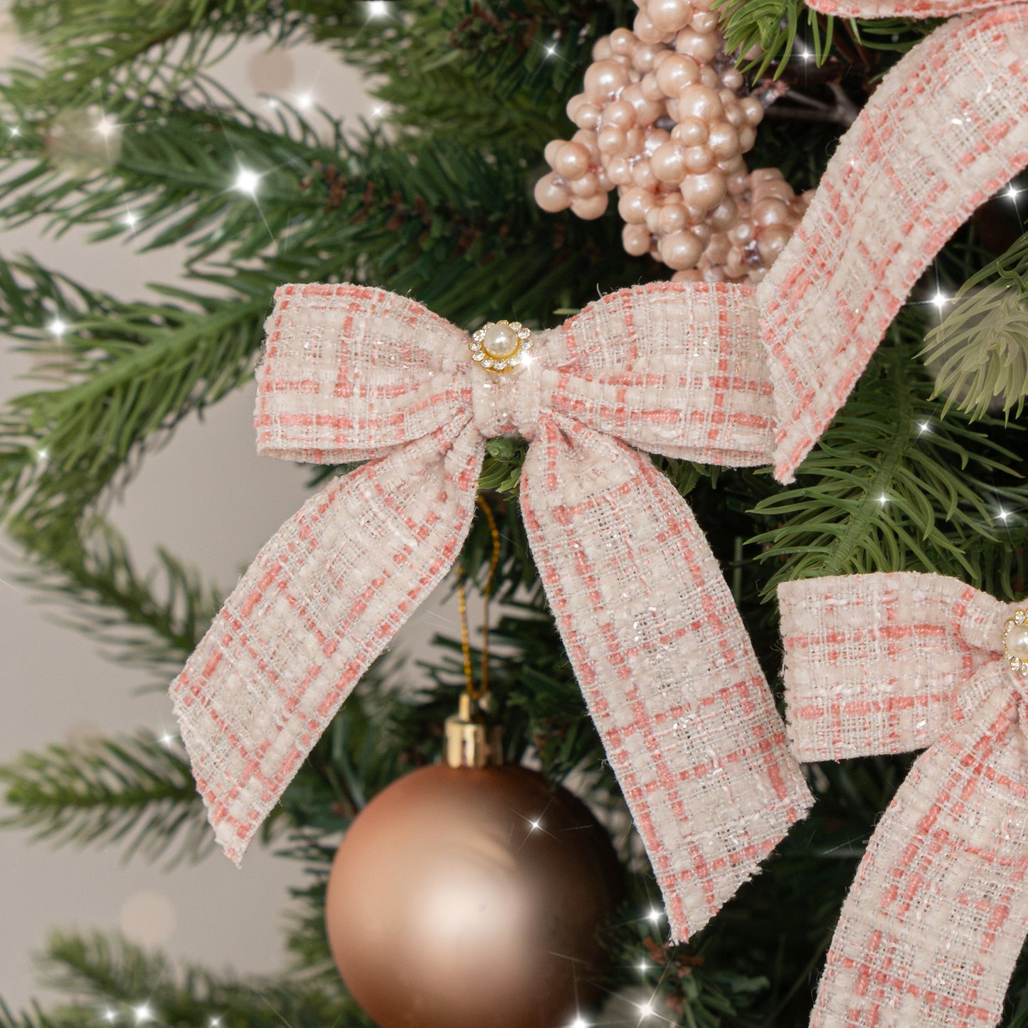 Set of 6 Small Pink Tartan Boucle Jewelled Christmas Bow Decorations