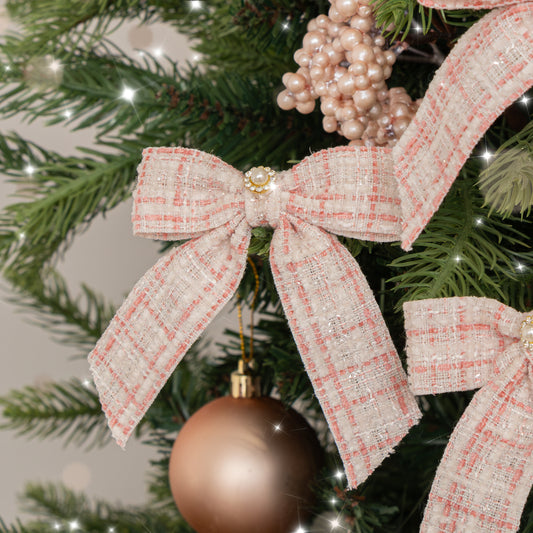  Set of 6 Small Pink Tartan Boucle Jewelled Christmas Bow Decorations 