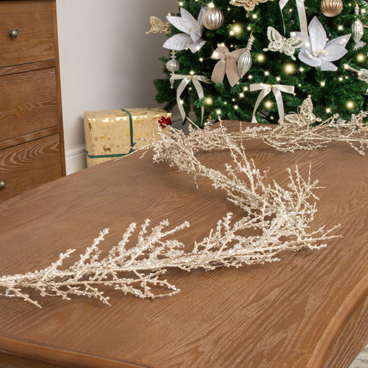  Champagne Glitter Frosted Foliage Christmas Garland - 140cm 