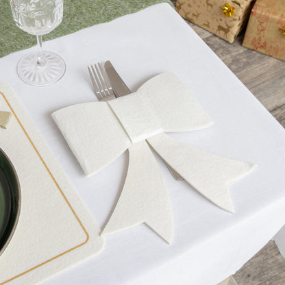 Set of 4 White Felt Bow Shaped Christmas Cutlery Holders
