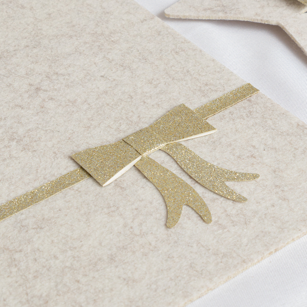 Set of 4 Beige Rectangular Felt Placemat with Champagne Gold Bow