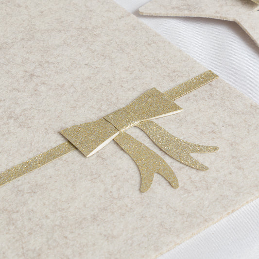  Set of 4 Beige Rectangular Felt Placemat with Champagne Gold Bow 