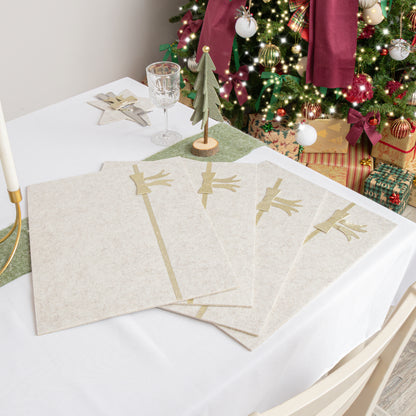 Set of 4 Beige Rectangular Felt Placemat with Champagne Gold Bow