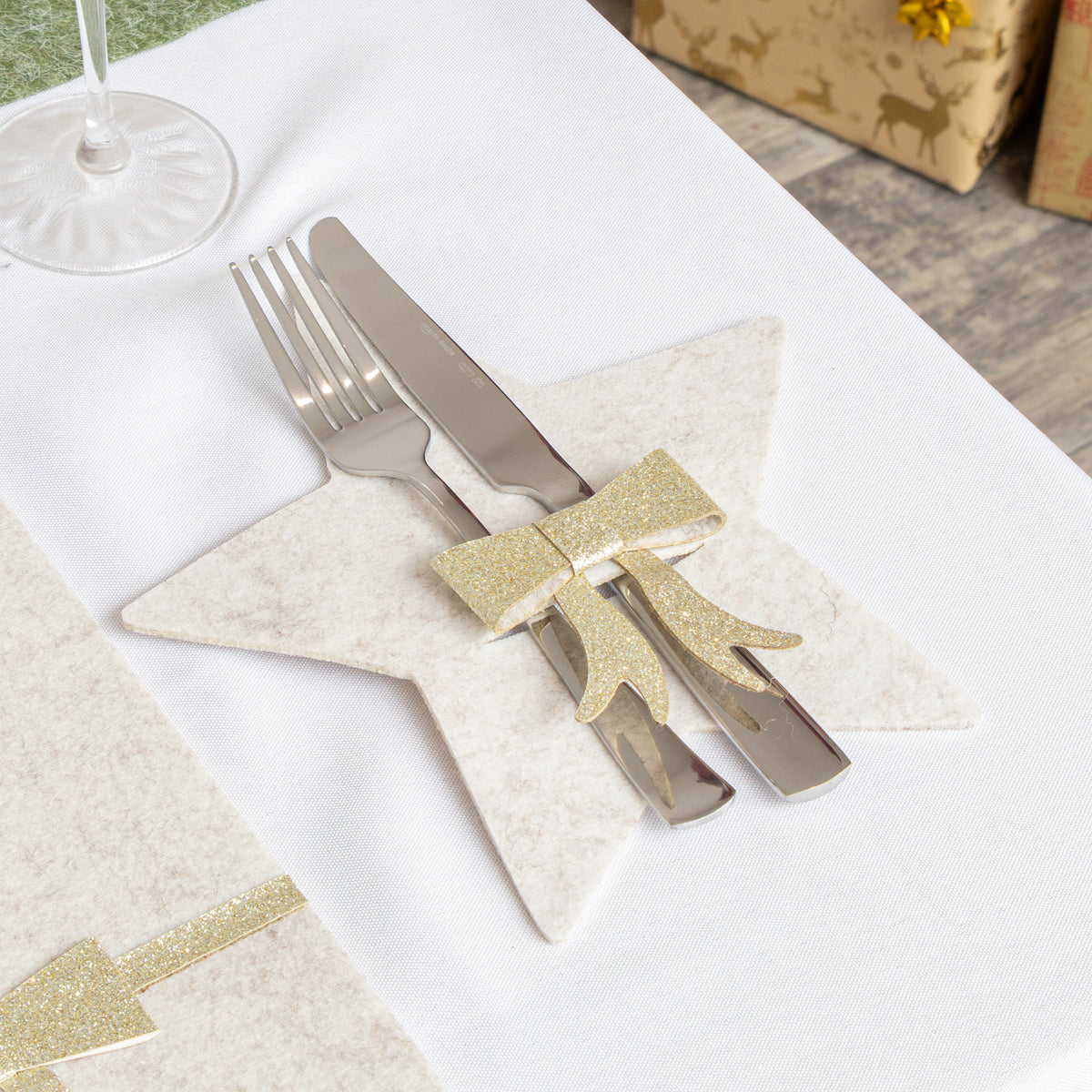 Set Of 4 Beige Star Shaped Felt Cutlery Holders with Champagne Gold Bow