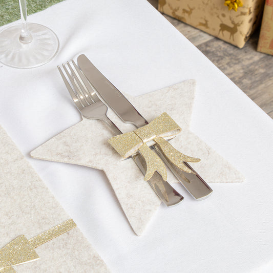  Set Of 4 Beige Star Shaped Felt Cutlery Holders with Champagne Gold Bow 