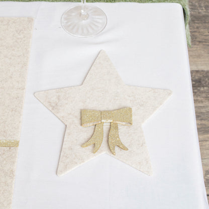 Set Of 4 Beige Star Shaped Felt Cutlery Holders with Champagne Gold Bow