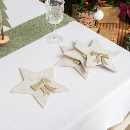 Set Of 4 Beige Star Shaped Felt Cutlery Holders with Champagne Gold Bow