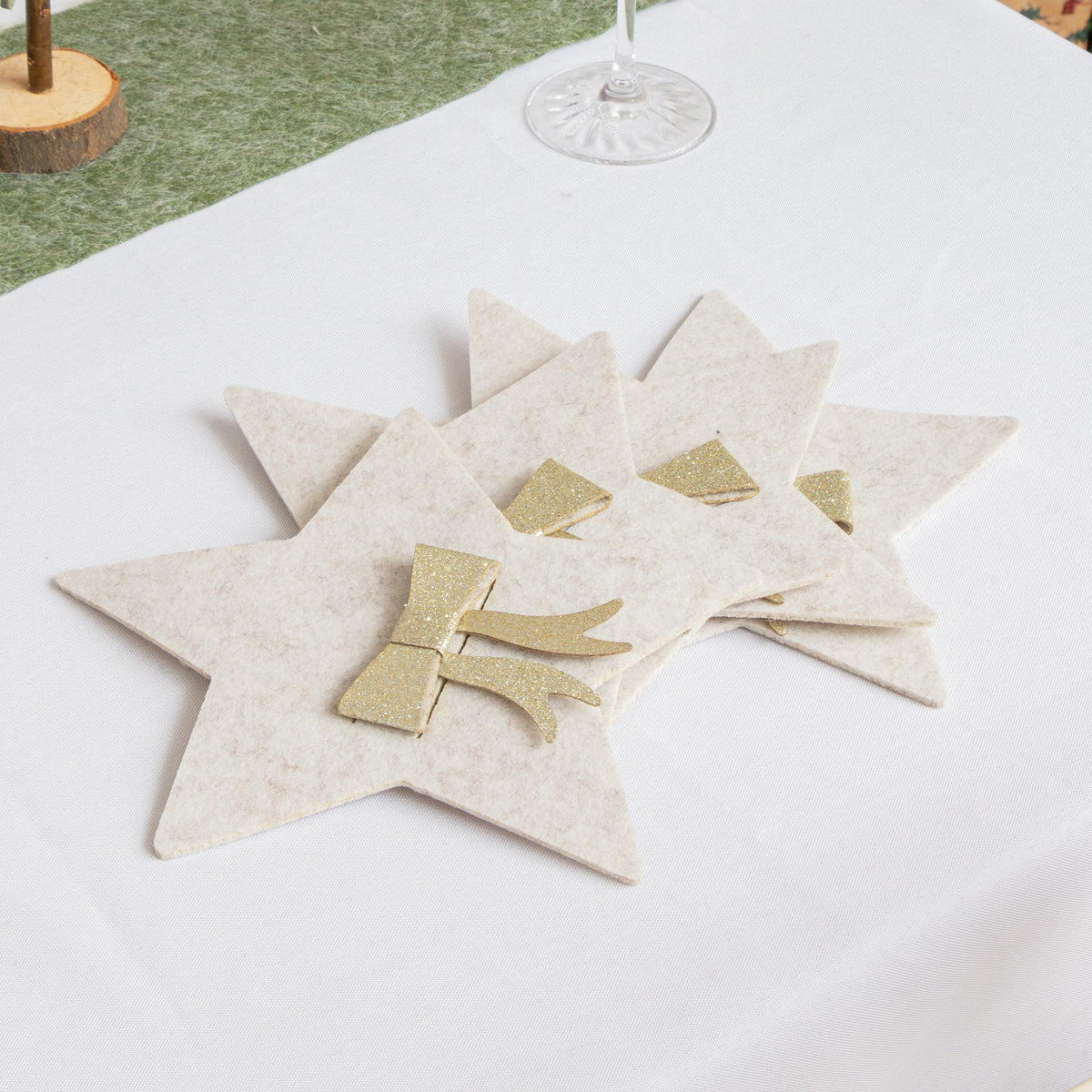 Set Of 4 Beige Star Shaped Felt Cutlery Holders with Champagne Gold Bow