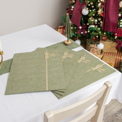 Set of 4 Green Rectangular Felt Placemat with Champagne Gold Bow