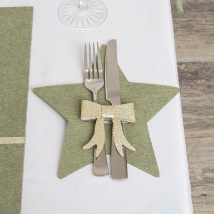 Set Of 4 Green Star Shaped Felt Cutlery Holders with Champagne Gold Bow