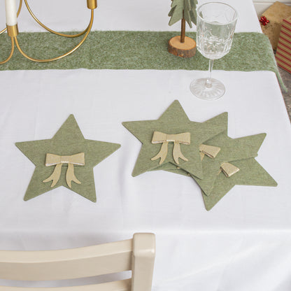 Set Of 4 Green Star Shaped Felt Cutlery Holders with Champagne Gold Bow