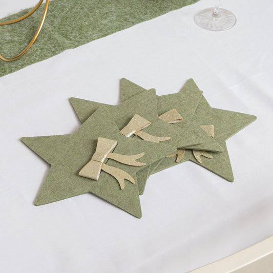  Set Of 4 Green Star Shaped Felt Cutlery Holders with Champagne Gold Bow 