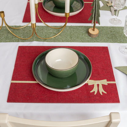 Set of 4 Dark Red Rectangular Felt Placemat with Champagne Gold Bow