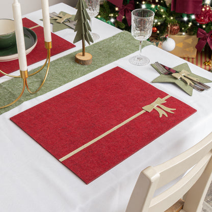 Set of 4 Dark Red Rectangular Felt Placemat with Champagne Gold Bow