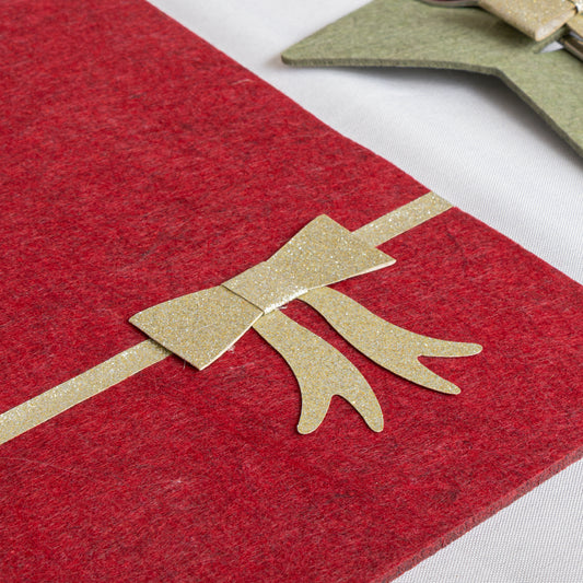 Set of 4 Dark Red Rectangular Felt Placemat with Champagne Gold Bow 