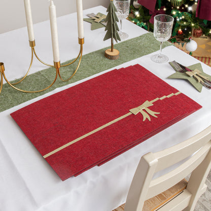 Set of 4 Dark Red Rectangular Felt Placemat with Champagne Gold Bow