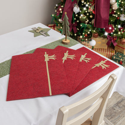 Set of 4 Dark Red Rectangular Felt Placemat with Champagne Gold Bow