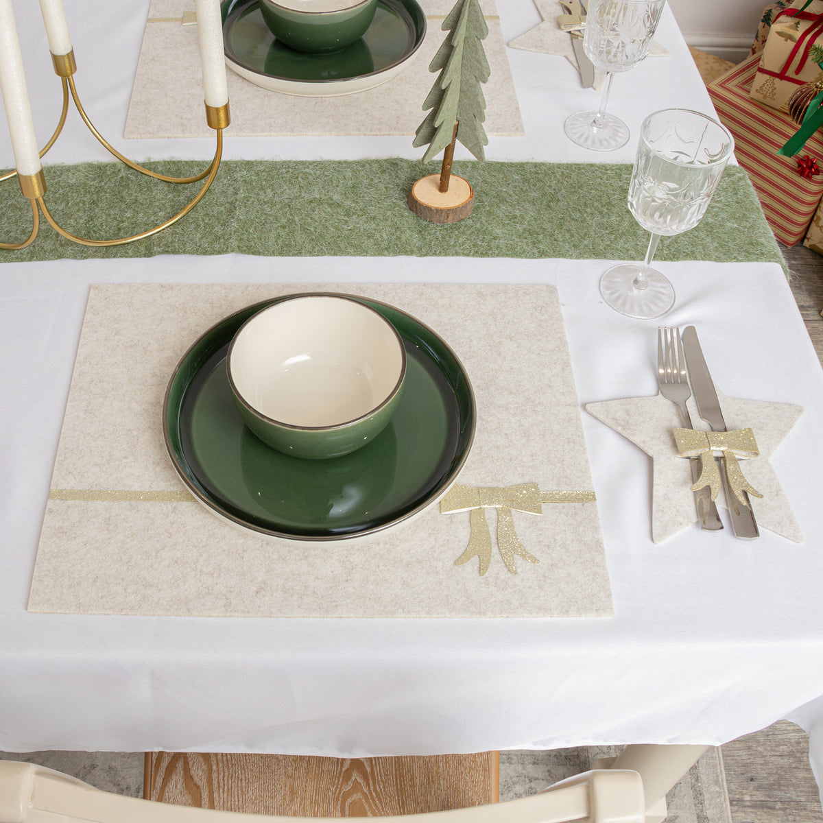 Set of 4 Beige Rectangular Felt Placemat with Champagne Gold Bow