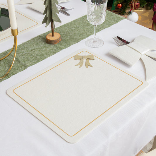  Set of 4 Felt White & Gold Rectangular Bow Detailed Placemats 