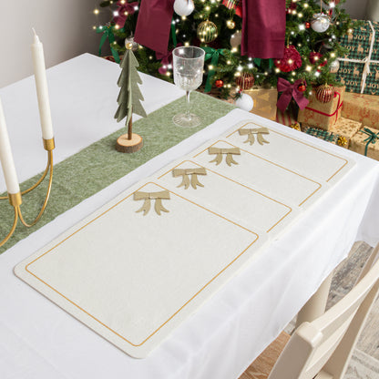 Set of 4 Felt White & Gold Rectangular Bow Detailed Placemats