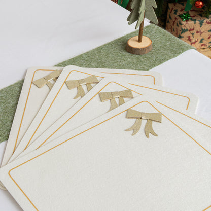 Set of 4 Felt White & Gold Rectangular Bow Detailed Placemats