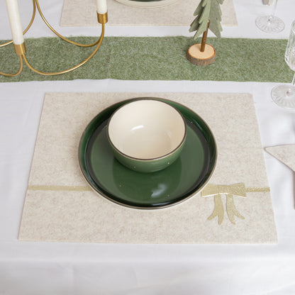 Set of 4 Beige Rectangular Felt Placemat with Champagne Gold Bow