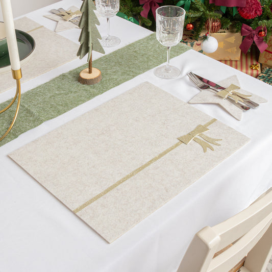 Set of 4 Beige Rectangular Felt Placemat with Champagne Gold Bow 