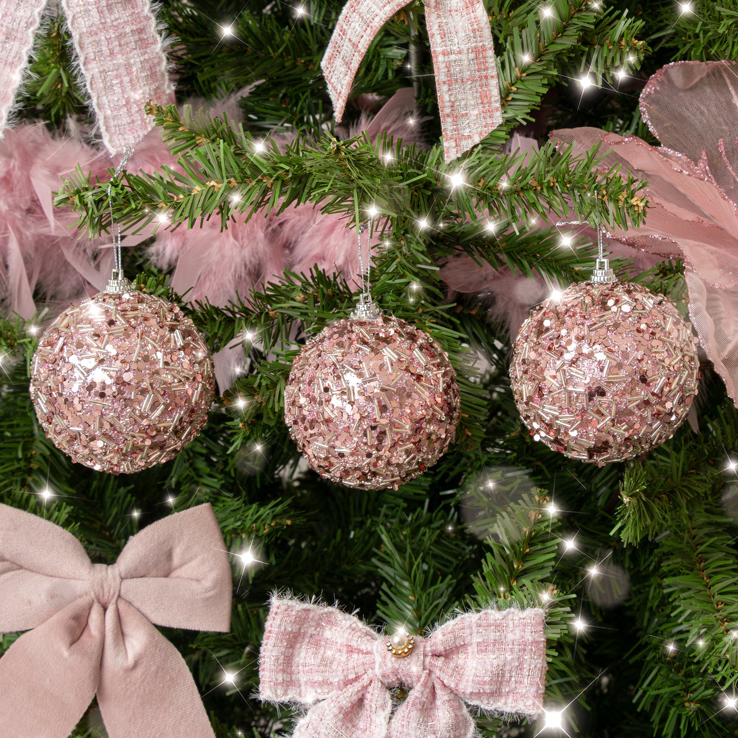 Set of 3 Blush Pink Glitter & Sequin Christmas Baubles