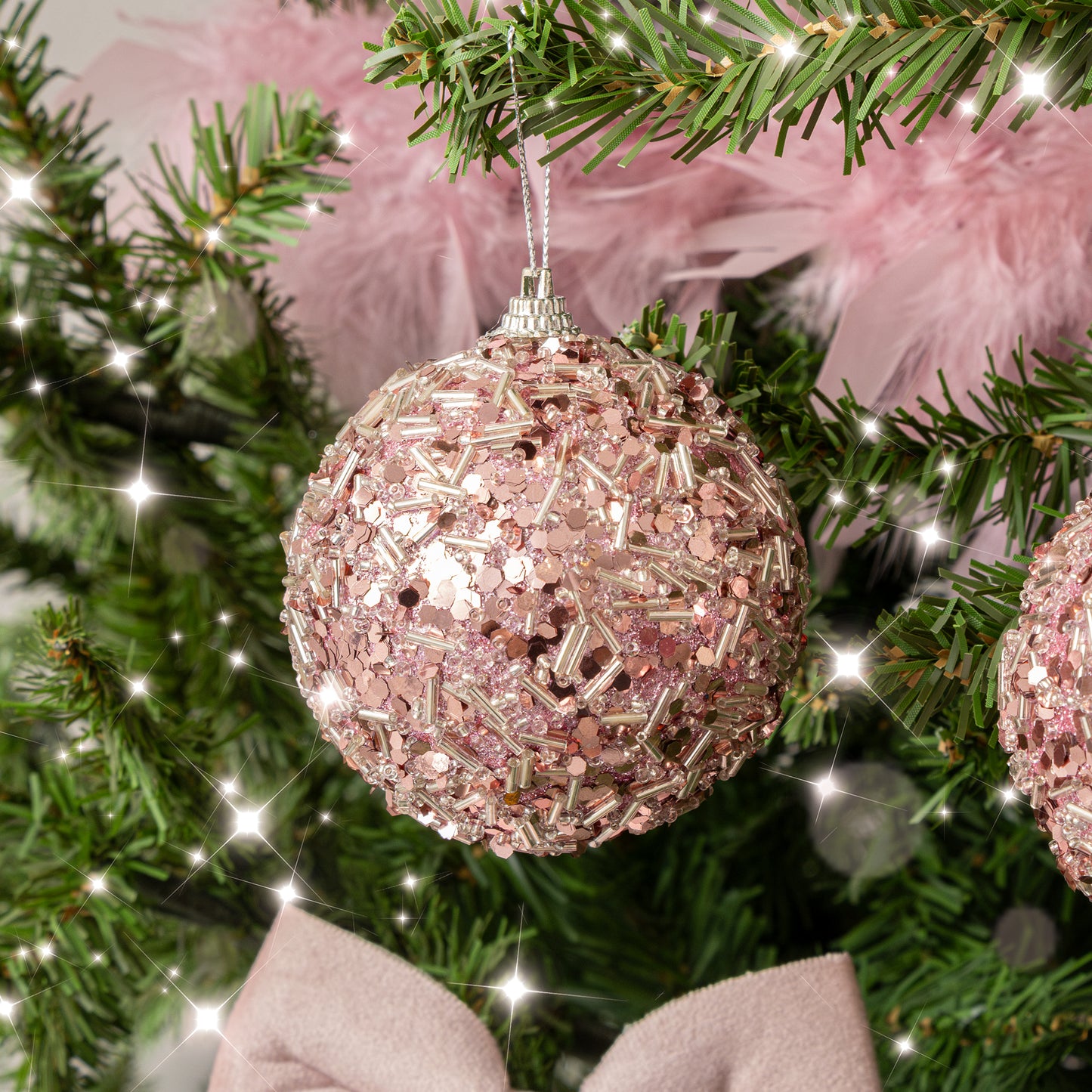 Set of 3 Blush Pink Glitter & Sequin Christmas Baubles