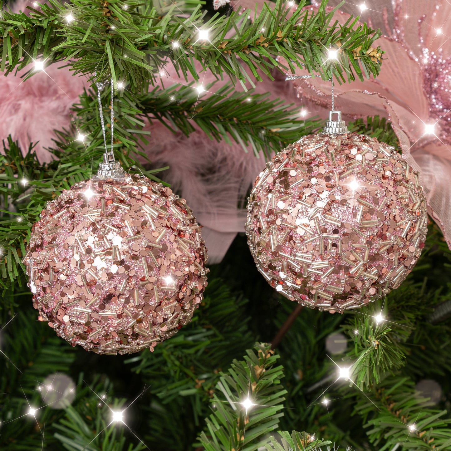 Set of 3 Blush Pink Glitter & Sequin Christmas Baubles