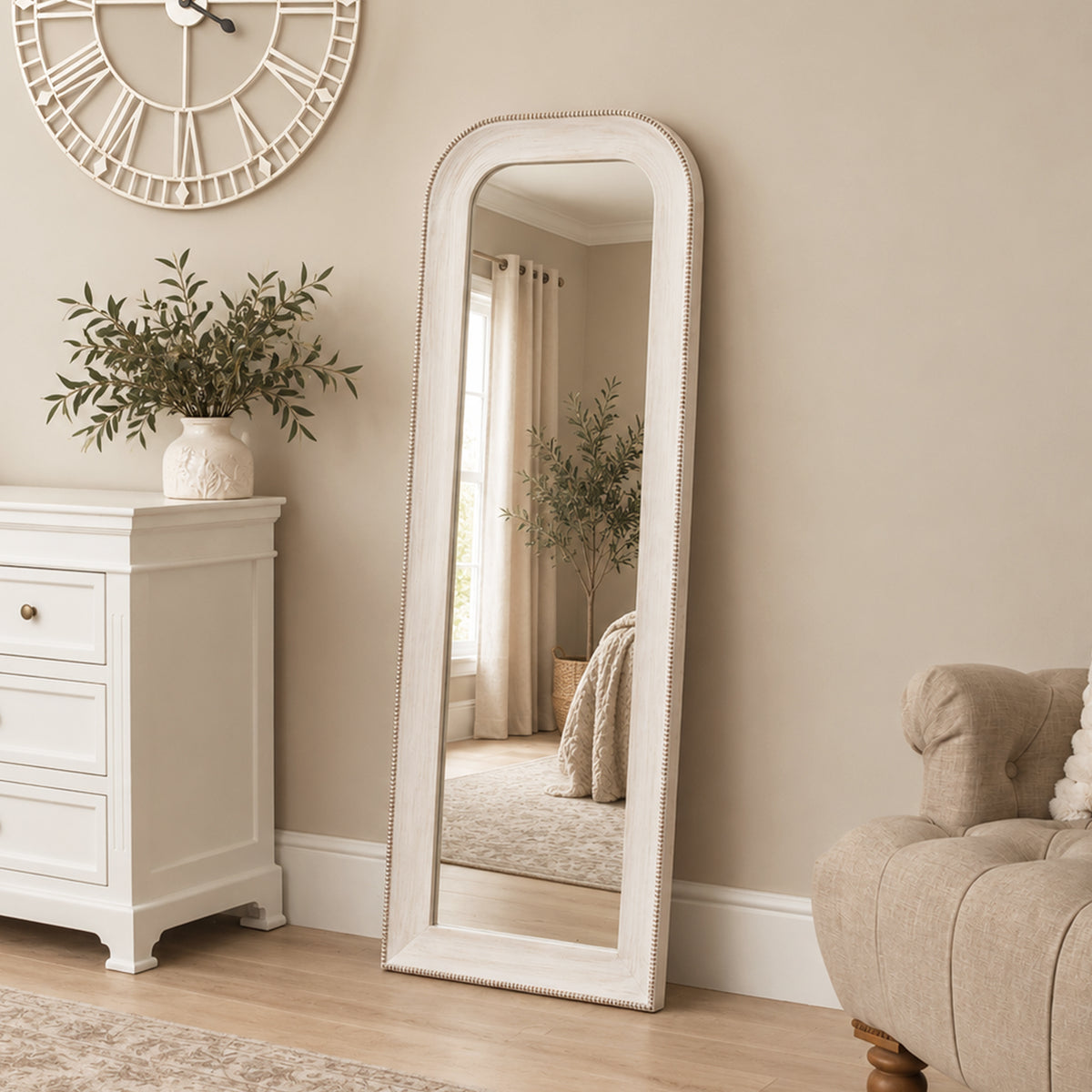 Elegant White Washed Beaded Full Length Wall Mirror - 142cm x 50cm