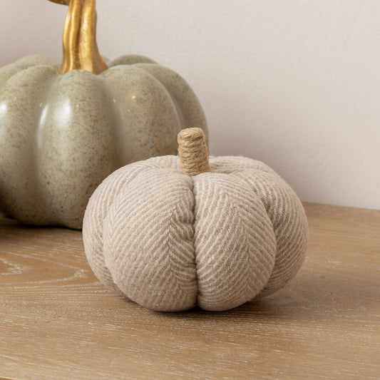  Small Grey Fabric Herringbone Pumpkin Ornament - 11cm x 9cm 