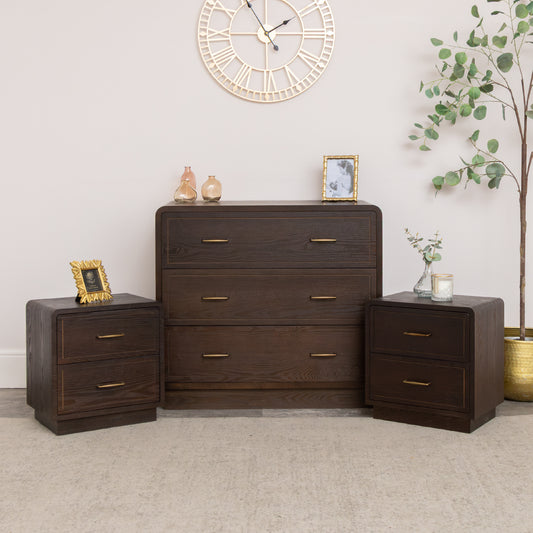  3 Drawer Wooden Chest of Drawers and Pair of 2 Drawer Bedside Tables - Kingsley Range 