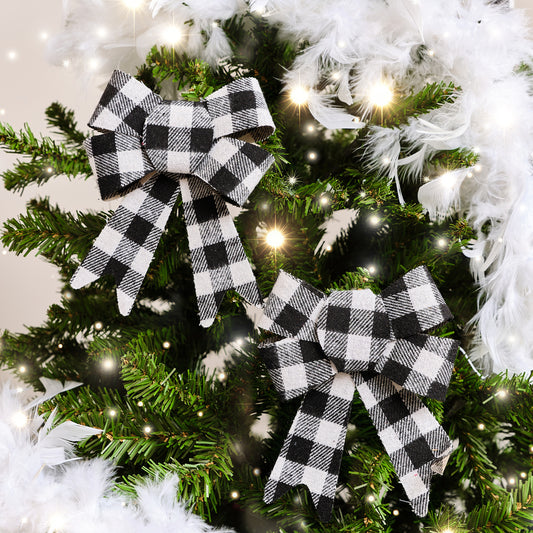  Set of 2 Black & White Checked Bow Decorations - 17cm 