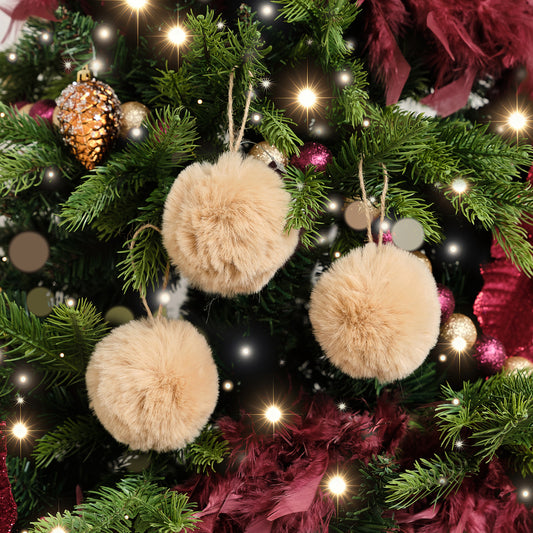  Set of 3 Small Beige Faux Fur Baubles - 7.5cm 
