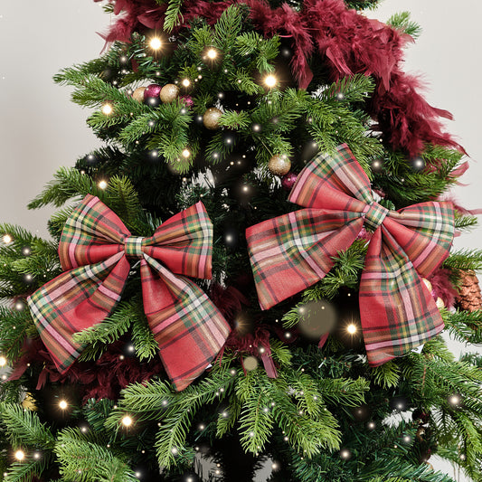  Set of 2 Green & Red Tartan Decorative Bow - 24cm 