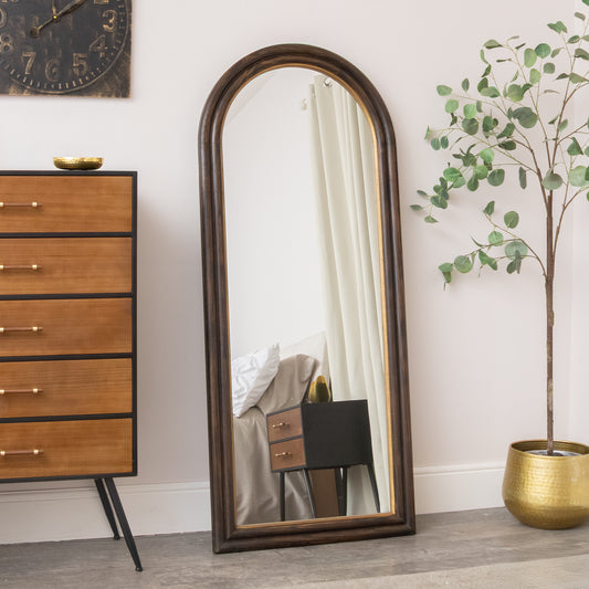  Dark Arched Wood & Gold Framed Wall & Leaner Mirror - 166cm x 70cm 