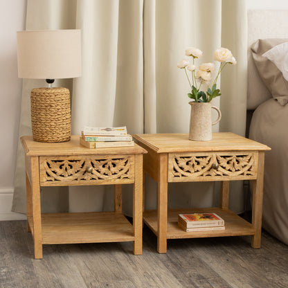 Pair of Natural Mango Wood Bohemian Bedside Tables - Freya Wood Range