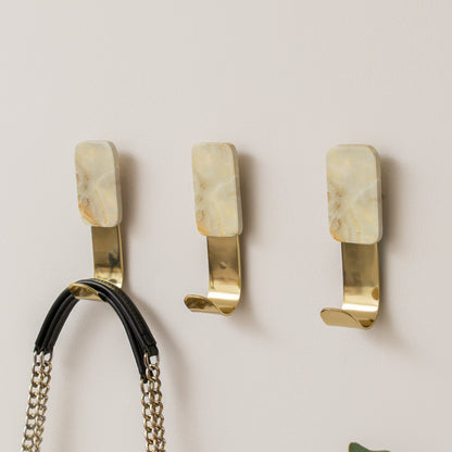Set of 3 Cream Marble & Gold Wall Hooks