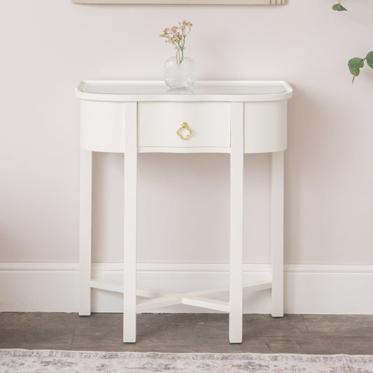  One Drawer Half Moon Console Table with Hessian & Glass Top - Austin White Range 