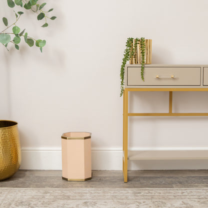 Hexagonal Pale Peach & Gold Edge Wooden Waste Paper Bin