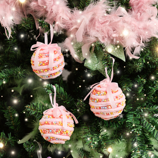  Set of 3 Candy Cane Sweet Beaded Baubles - 8cm 