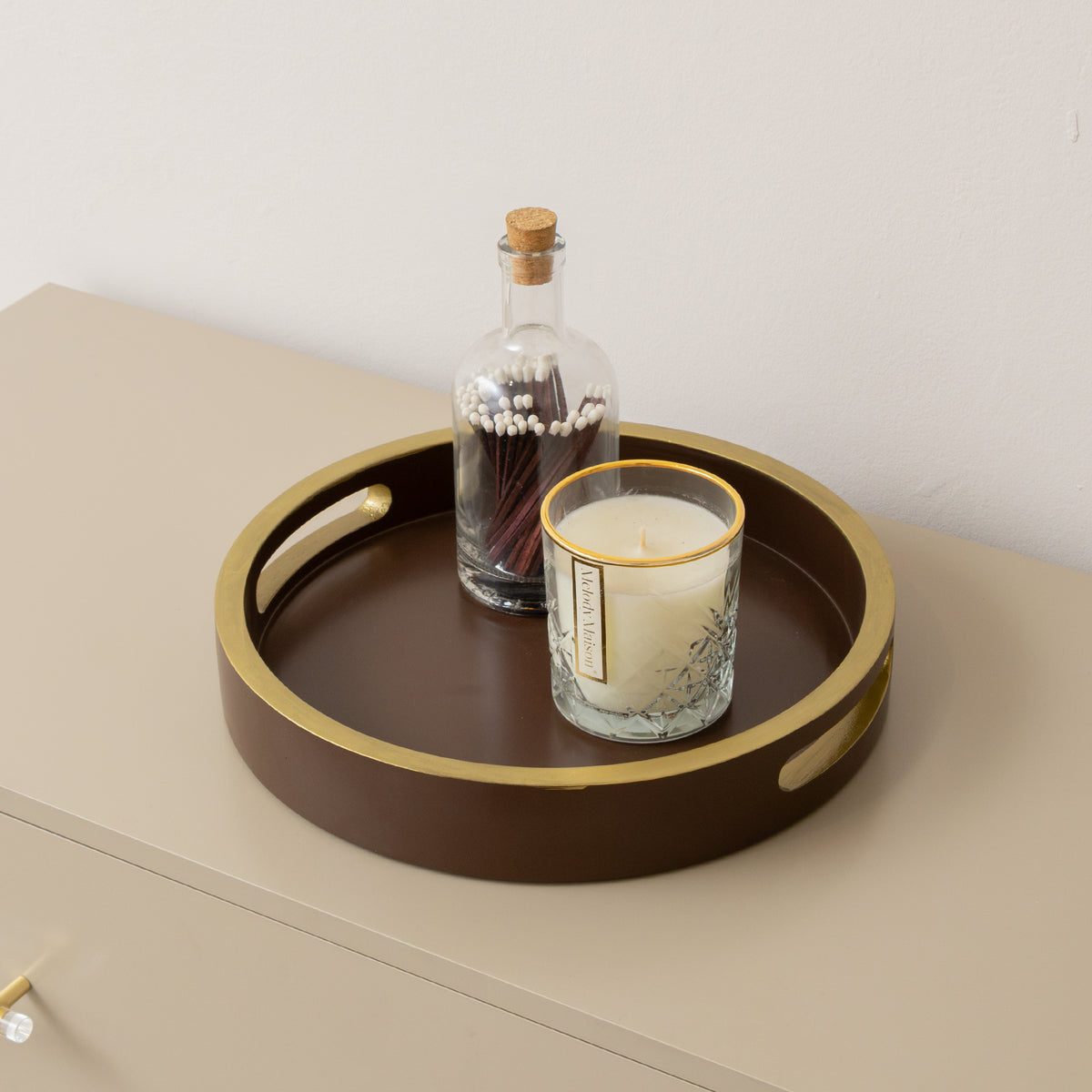 Large Round Chocolate Brown & Gold Decorative Tray - 30cm