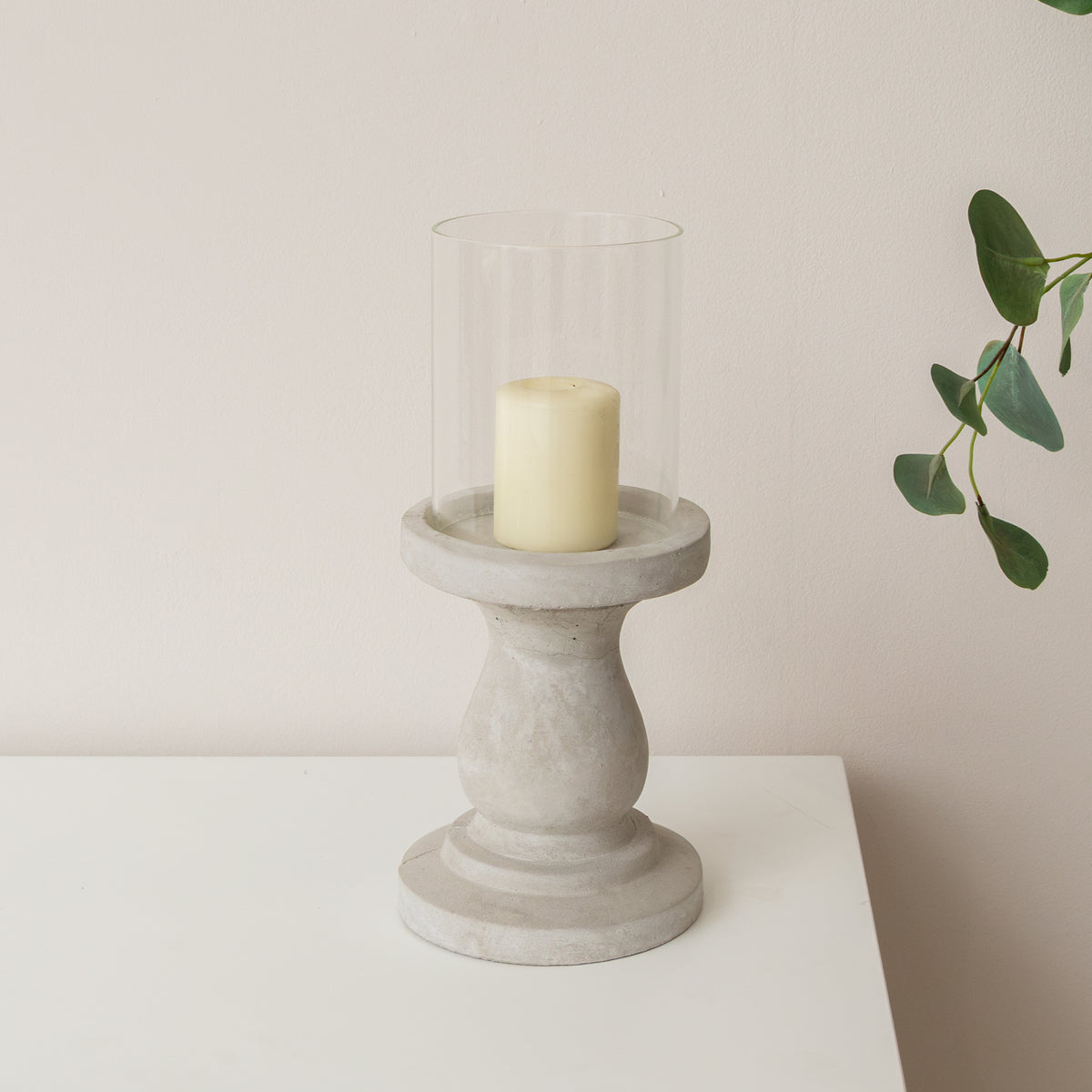 Tall Round Grey Hurricane Pillar Candle Holder - 34cm