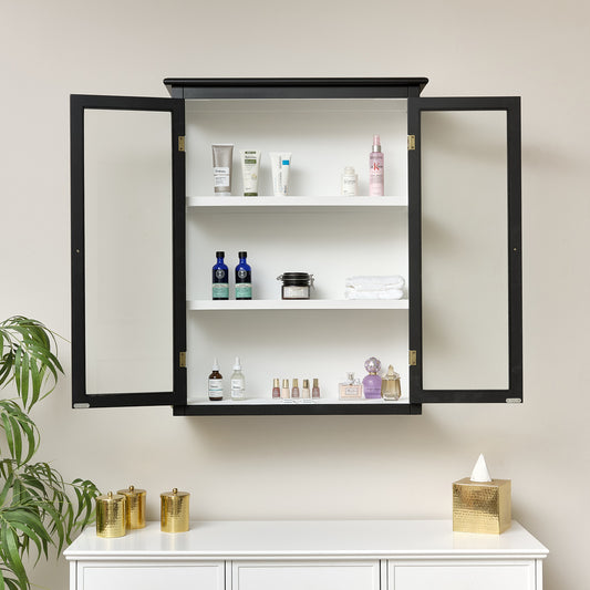  Large Black & White Glass Fronted Wall Cabinet 90cm x 70cm 