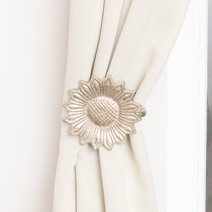 Set of 2 Silver Metal Sunflower Wall Mounted Tie Backs