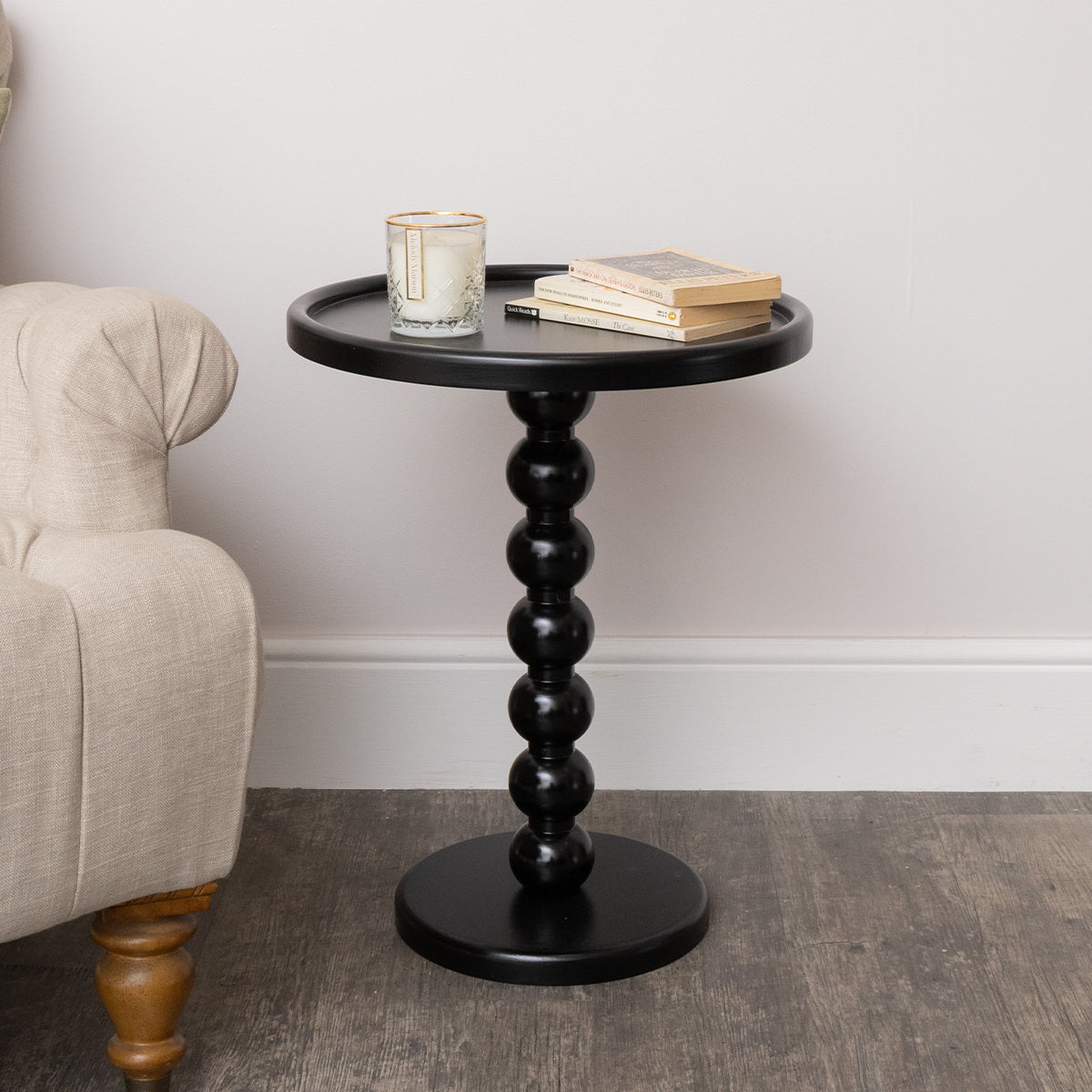 Black Painted Round Wooden Bobble Side Table - 45cm x 56.5cm